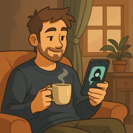 A bearded man comfortably seated in an armchair, holding a steaming cup of coffee in one hand and a smartphone in the other. He smiles while looking at the screen, where an anonymous silhouette is displayed. The interior atmosphere is warm, with a plant, a curtain, and a window in the background.