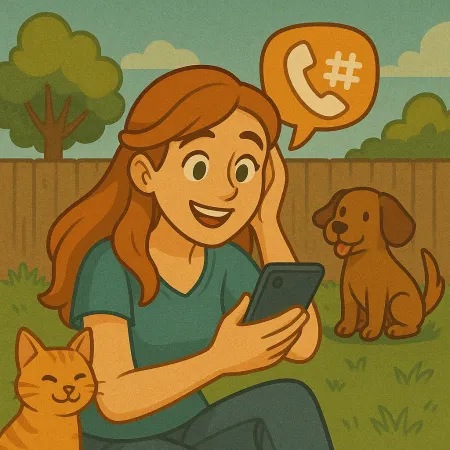 A smiling red-haired woman sitting on the grass in a garden, looking at her smartphone. An orange cat is curled up against her, and a brown dog is sitting nearby. A speech bubble containing a phone icon and a hashtag floats above her, suggesting a phone conversation.