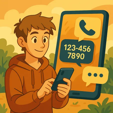 Smiling young man in a hoodie using his smartphone, with a large phone screen in the background displaying a call icon and a fictitious phone number (123-456-7890), set in a styled and warm outdoor environment.