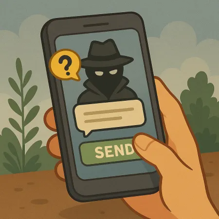 A hand holding a smartphone displaying a masked character in a raincoat and hat, representing an anonymous sender. A speech bubble with a question mark is visible, along with a green button labeled 'SEND', suggesting the sending of an anonymous message.