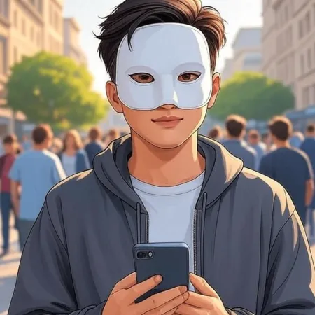 A young man in an animated style wearing a white mask and a grey hoodie, looking at the camera while holding a smartphone in a crowded street.