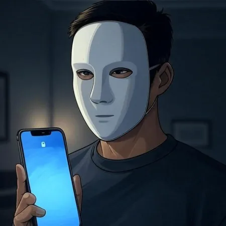 A person wearing a white mask holding a smartphone with an unlocked screen.