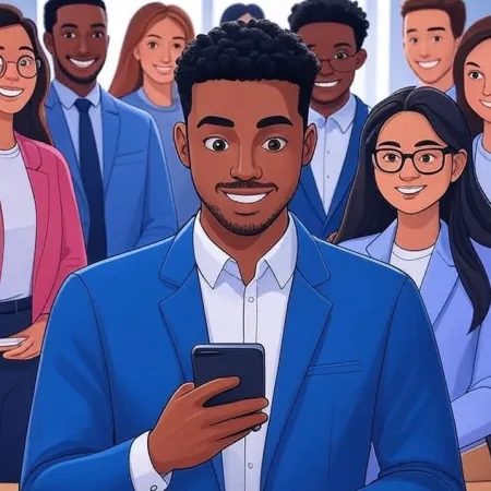 Illustration of a smiling black businessman looking at his smartphone, with his team in the background.