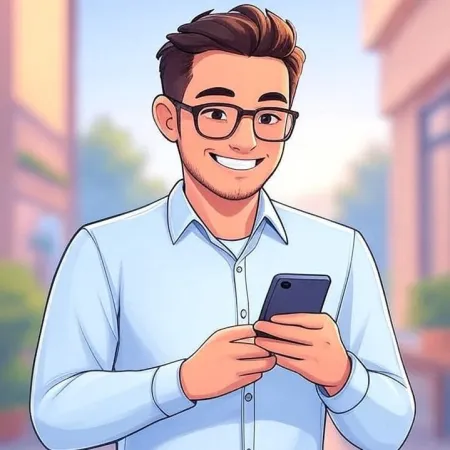 A young man smiling with glasses and a blue shirt, looking at his smartphone.