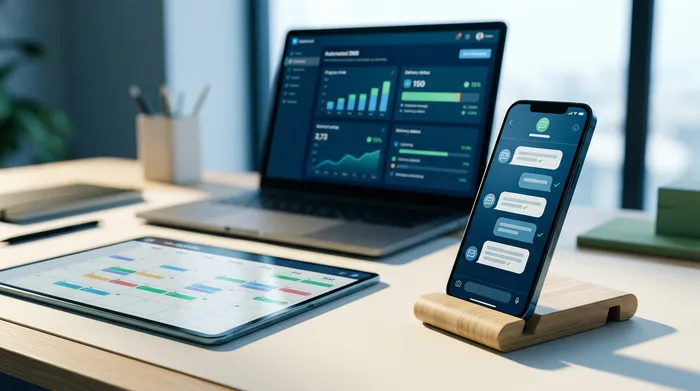 A split-screen image showing a smartphone: on the left, a messaging interface with a schedule send option, and on the right, a reminder notification on a wooden desk.