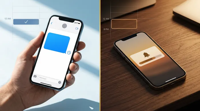A smartphone displaying a messaging app resting on a light wooden salon counter, with professional scissors and beauty products in the background.