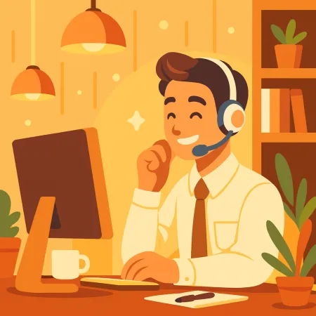 Illustration of a smiling man wearing headphones working on a desktop computer in a warm and cozy environment with plants and a cup of coffee