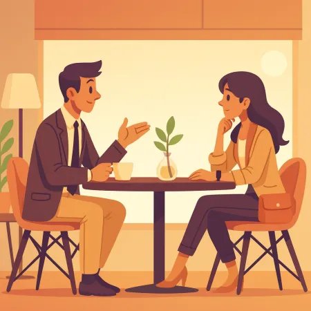 Illustration of two people discussing face-to-face in a café, a man in a suit and a woman in smart casual attire, sitting at a table with a small plant in the center